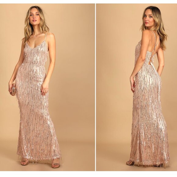 Lulus Endless Festivities Rose Gold Sequin Fringe Lace-Up Maxi Dress - XS - Picture 1 of 11